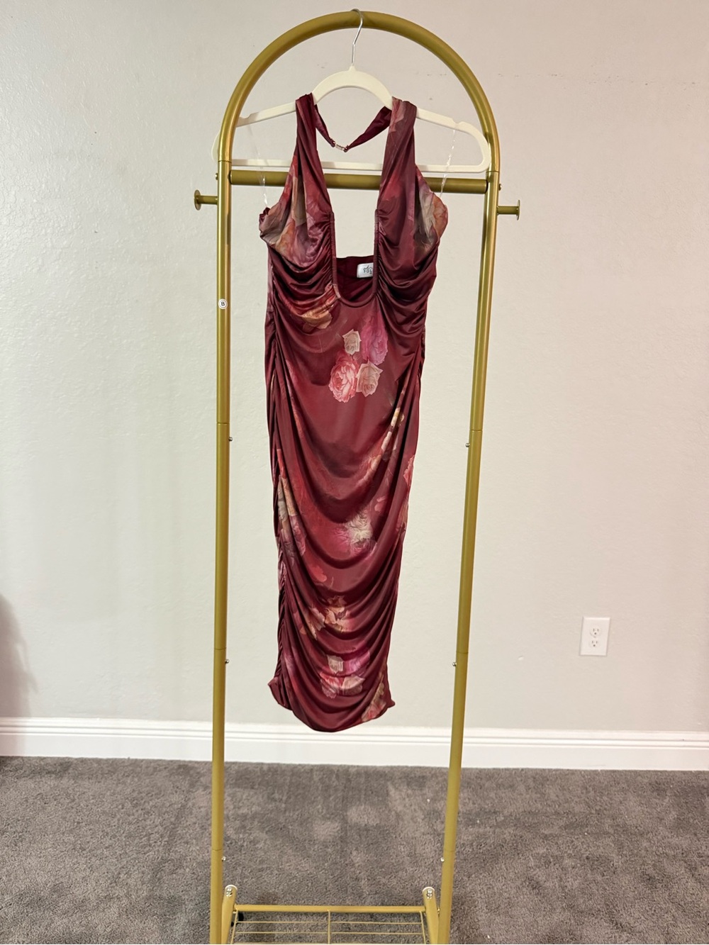 Oh Polly Floral Ruched Cowl Neck Maxi Dress Burgundy Red US 8